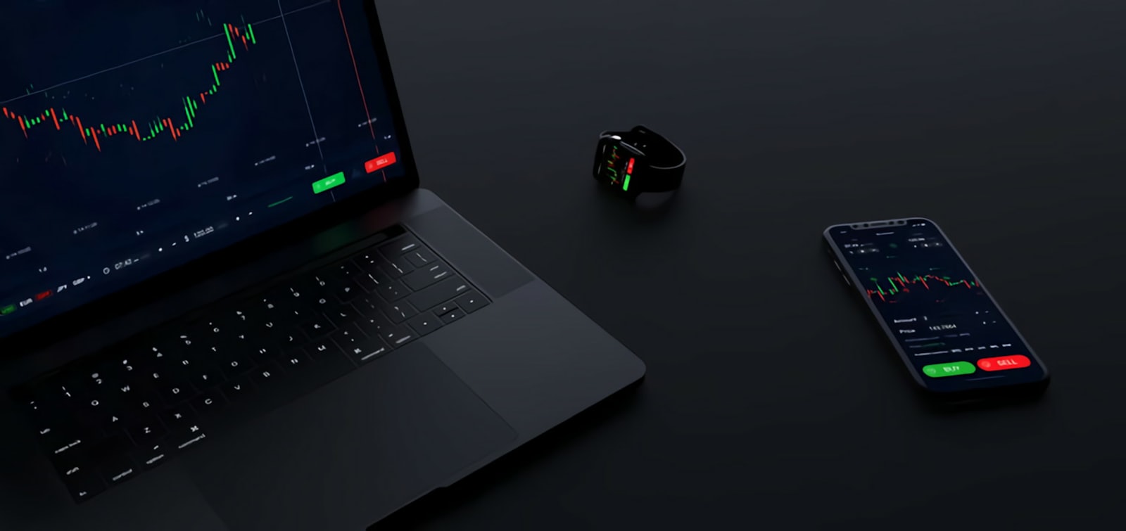 Trading on a laptop, a smartwatch and a phone